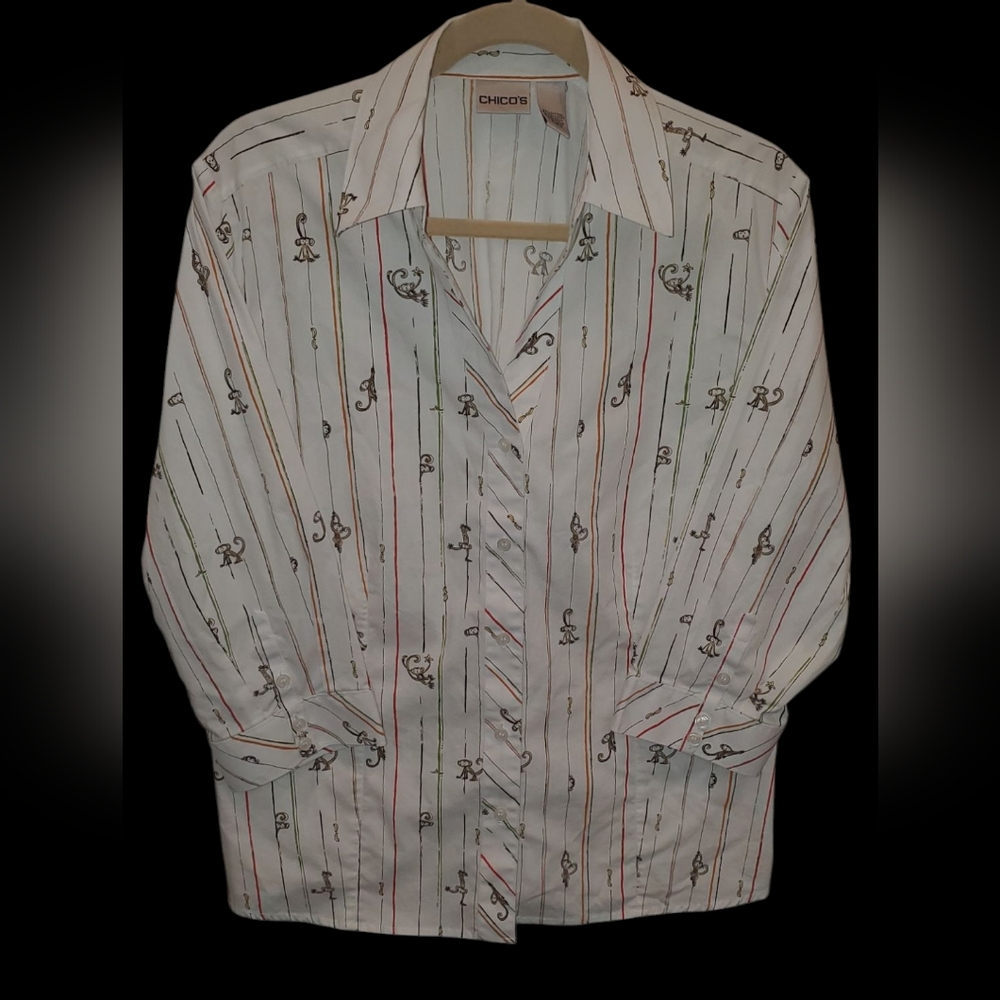 Chico's Cotton Blend Button Down 3/4 sleeve V-neck Monkey Print Blouse, Size 2